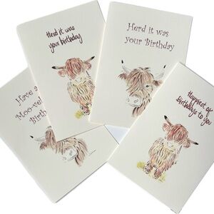 Set of 8 Watercolor Print Cards - Whimsical Miniature Highlander Cow